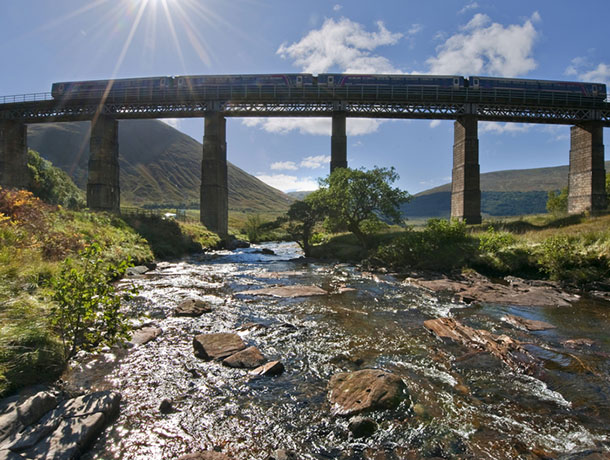First Scotrail 156 Sprinter crosse the Horshoe viaduct in Auch Glen nr Tyndrum, West Highland line.